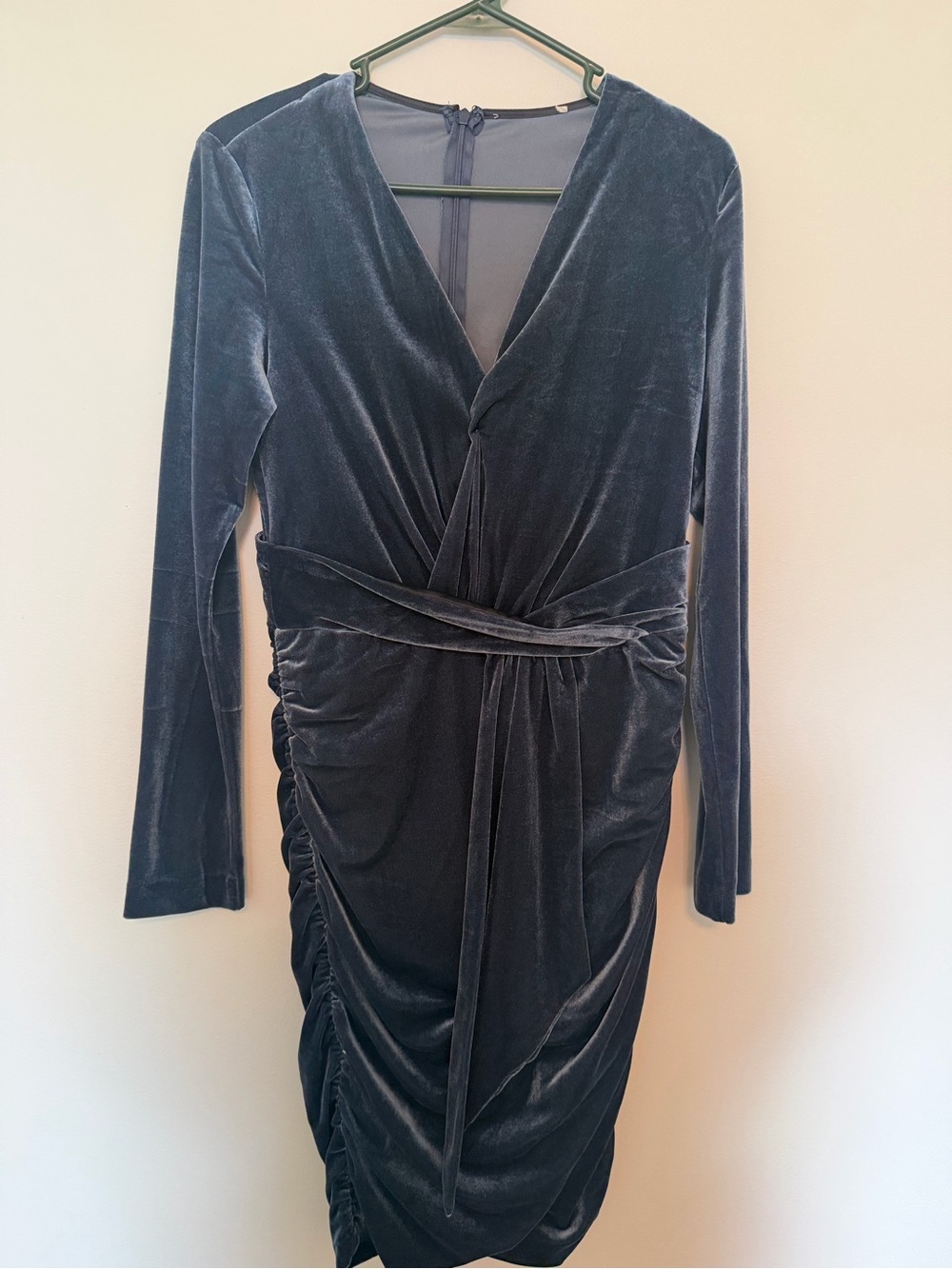 Bohemian Velvet Wrap-Front Long Sleeve Dress in Steel Blue